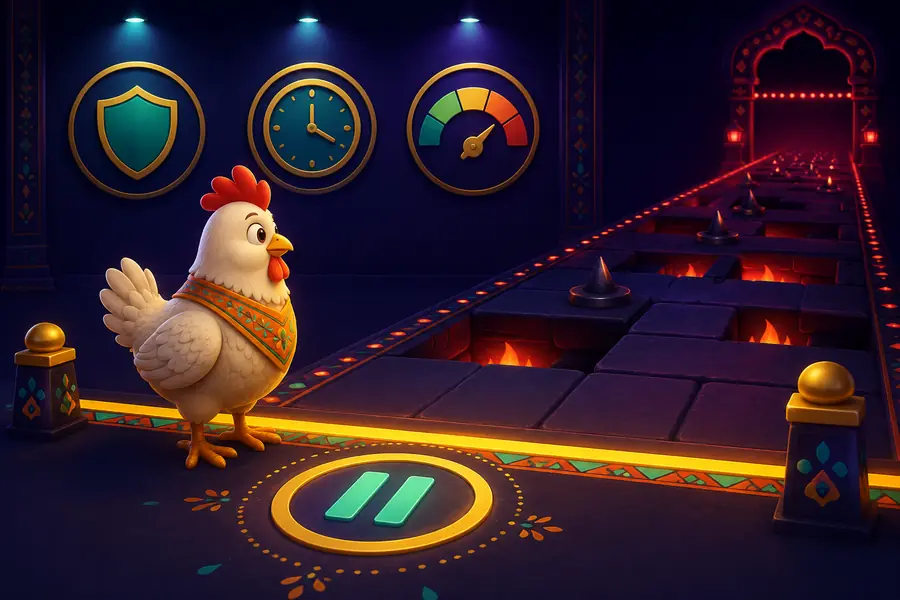 Chicken stopping before a high-risk road with time and spending-limit symbols